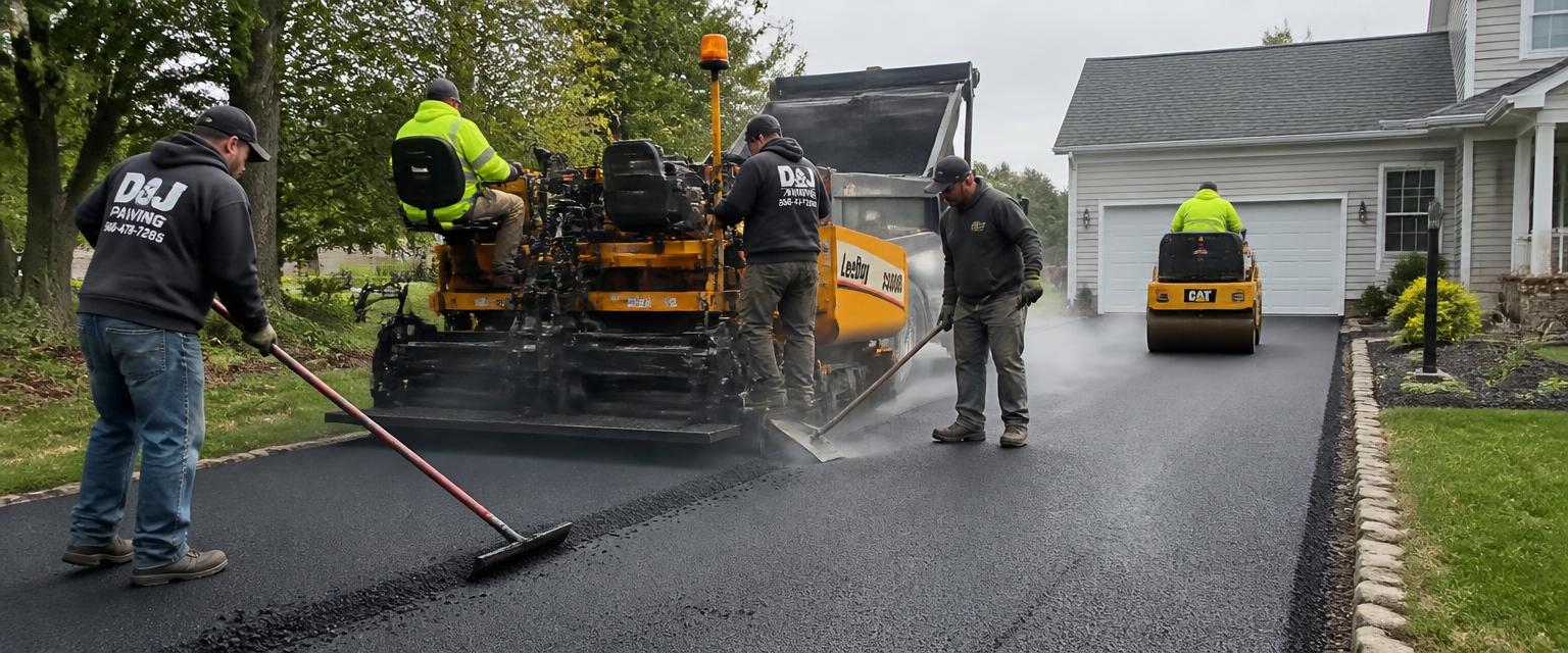 Paving crew laying hot mix asphalt with a paver and roller on a residential driveway, the job an asphalt calculator estimates
