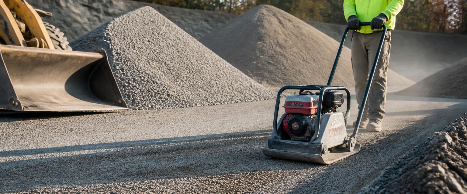 Stockpiles of crushed limestone and dense-graded base with a loader bucket and plate compactor on a prepared driveway base, sized by a crushed stone calculator