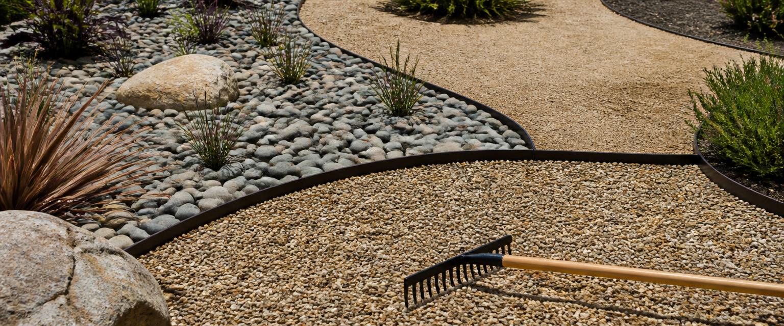 Pea gravel, river rock and decomposed granite landscape beds separated by steel edging with a rake, sized with a decorative stone calculator