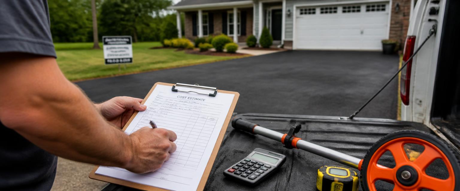 Contractor writing a driveway cost estimate on a clipboard beside a calculator, measuring wheel and tape on a truck tailgate