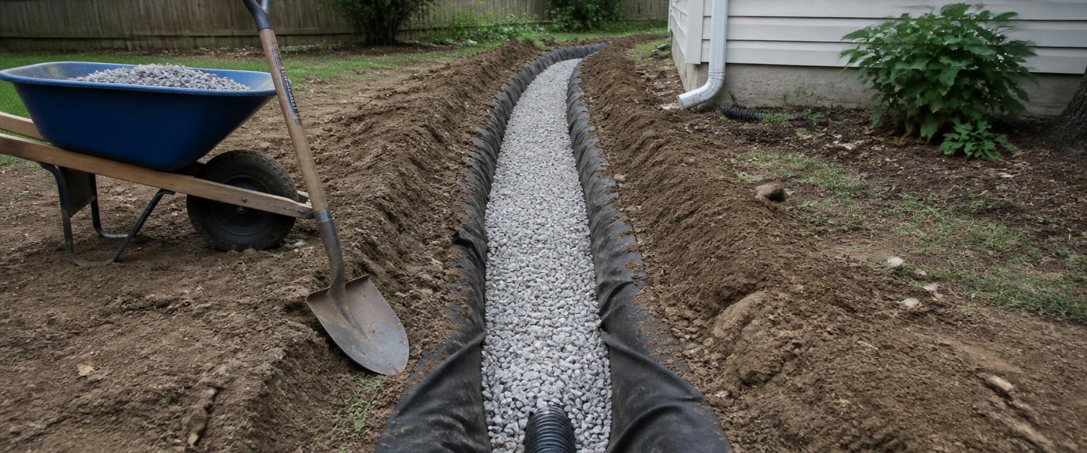 French drain trench lined with landscape fabric, perforated pipe and clean washed drainage stone, with a wheelbarrow of stone for a french drain stone calculator