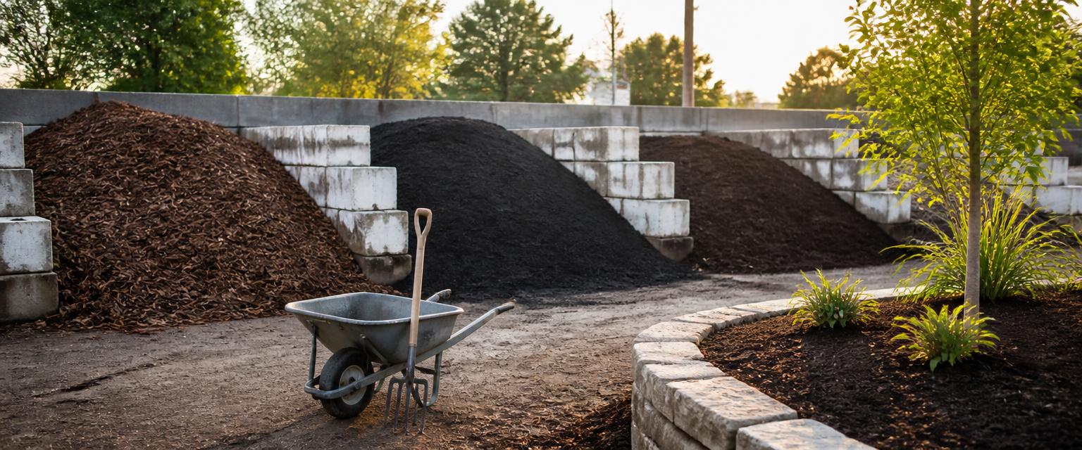 Landscape supply yard piles of shredded hardwood mulch, black dyed mulch and screened topsoil beside a wheelbarrow and a freshly mulched garden bed