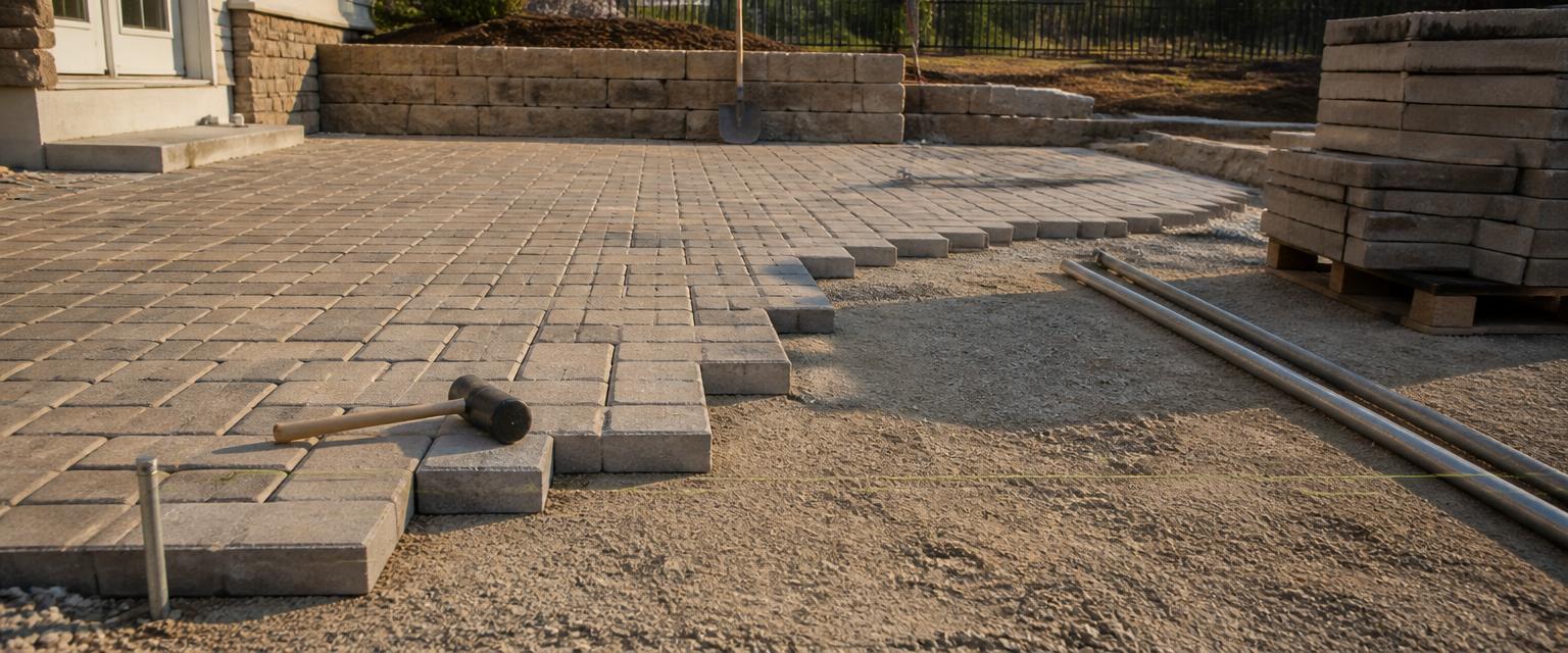 Interlocking concrete pavers being set on screeded bedding sand over a compacted base, with a retaining wall and paver pallets on site