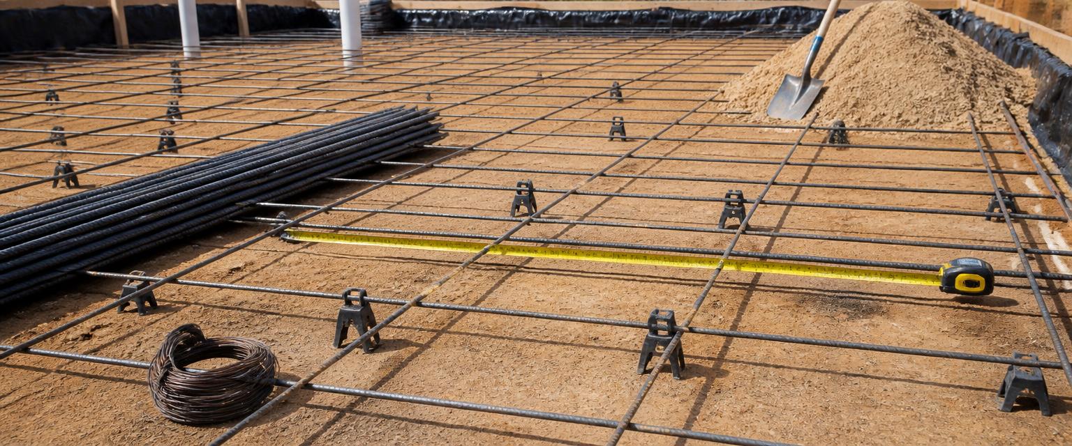 Tied rebar grid on chairs over a compacted sand base with bundles of bar and a tape measure across the slab