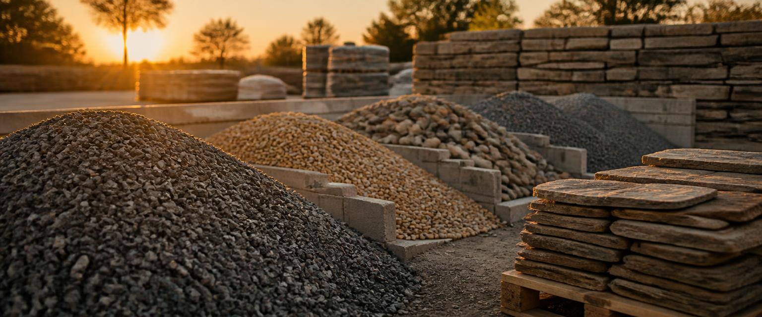 Landscape supply yard with bays of crushed stone, pea gravel, river rock and stacked flagstone ready for bulk stone calculator estimates