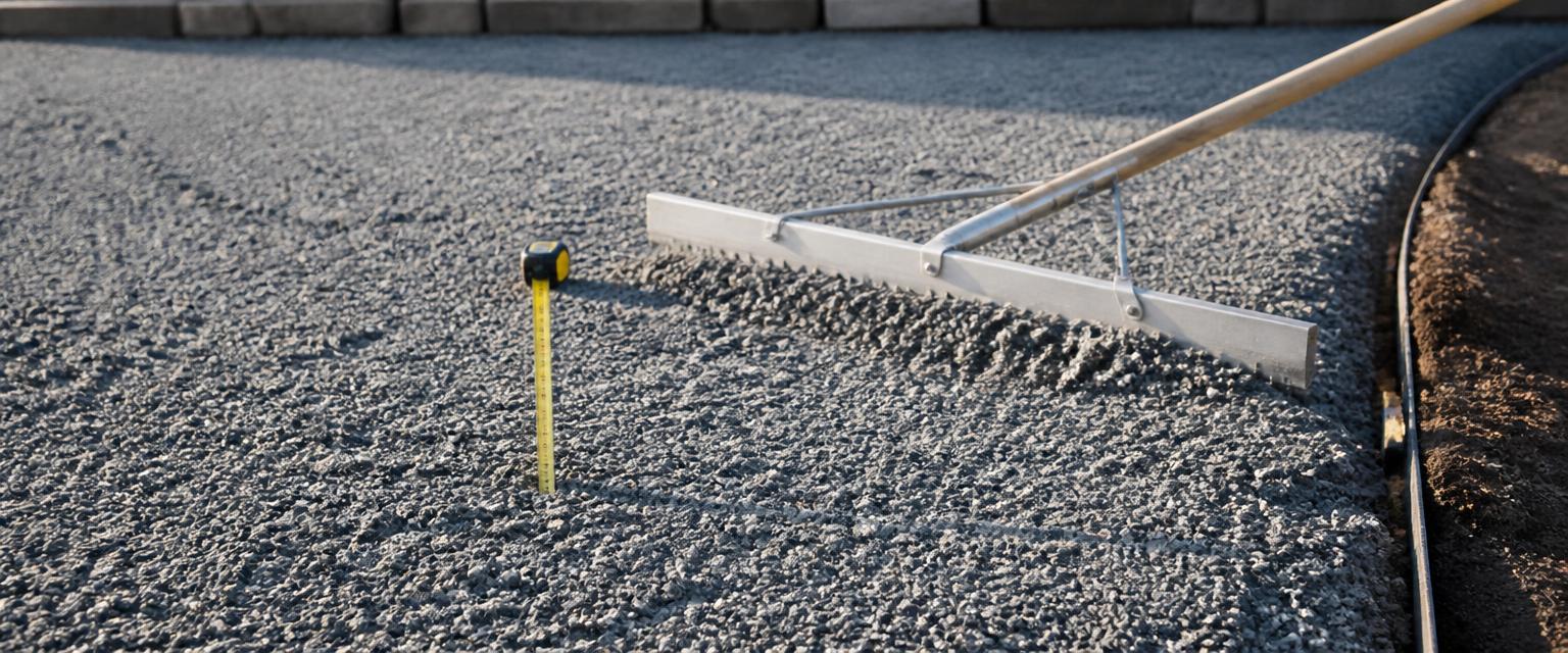 Crushed stone dust screeded level with a landscape rake and a tape measure showing the installed depth used by a stone dust calculator