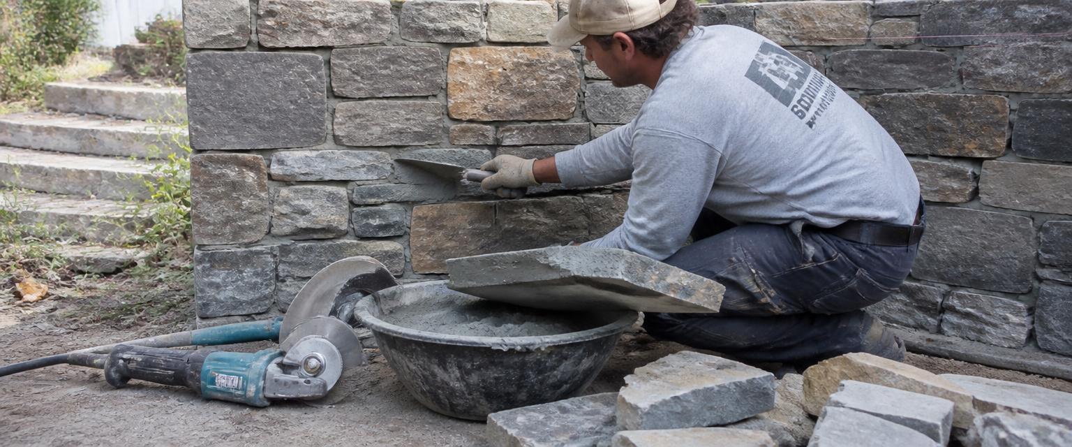 Mason buttering mortar onto natural stone for a wall with a mortar tub, trowel and diamond-blade grinder, as estimated by a stone masonry calculator