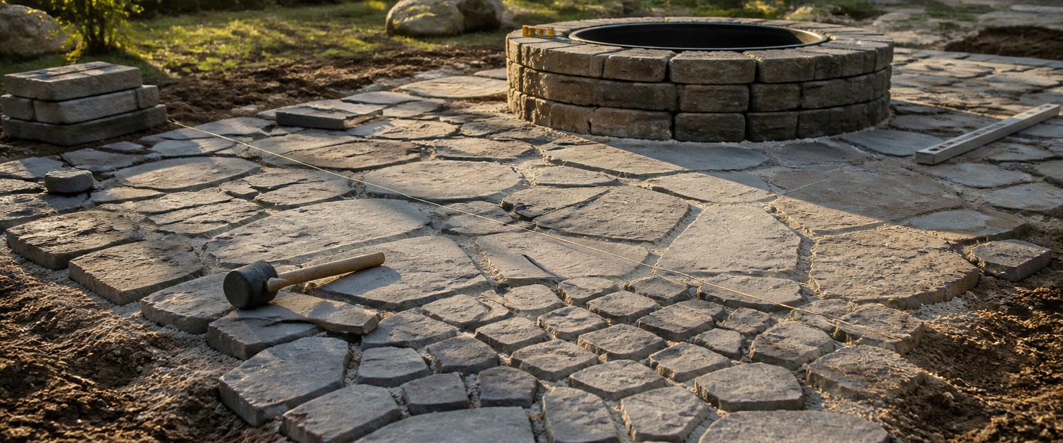Flagstone and cobblestone patio being set on a compacted crushed stone base with a fire pit ring, as measured by a stone patio calculator