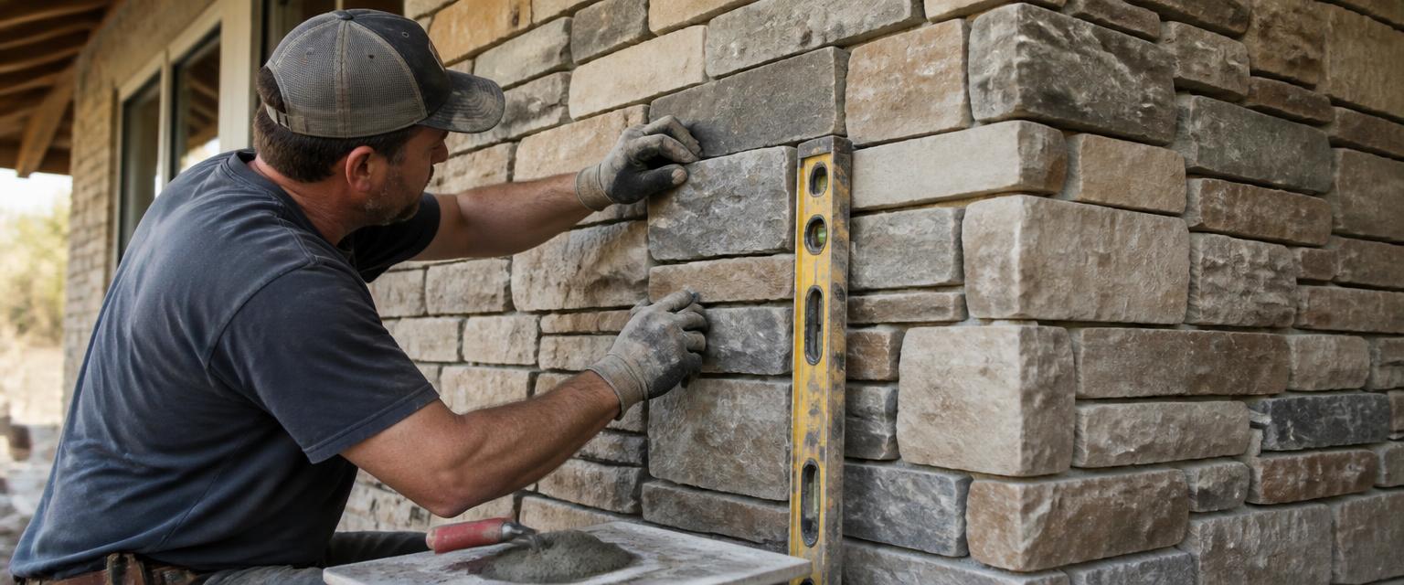 Mason setting stone veneer flats and a wrapped outside corner piece on an exterior wall for a stone veneer calculator estimate