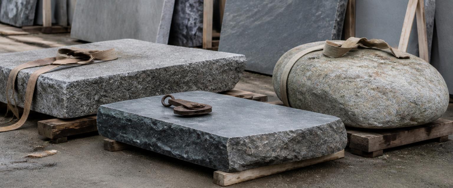 Granite and bluestone slabs and a landscape boulder staged on timber dunnage with lifting straps for a stone weight calculator estimate