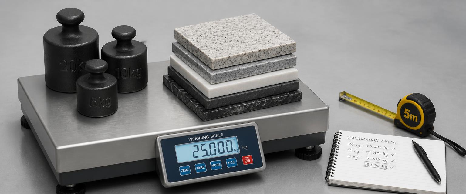 Platform scale with calibration weights and stone samples beside a tape measure and notebook of kg, pounds and stone conversion figures